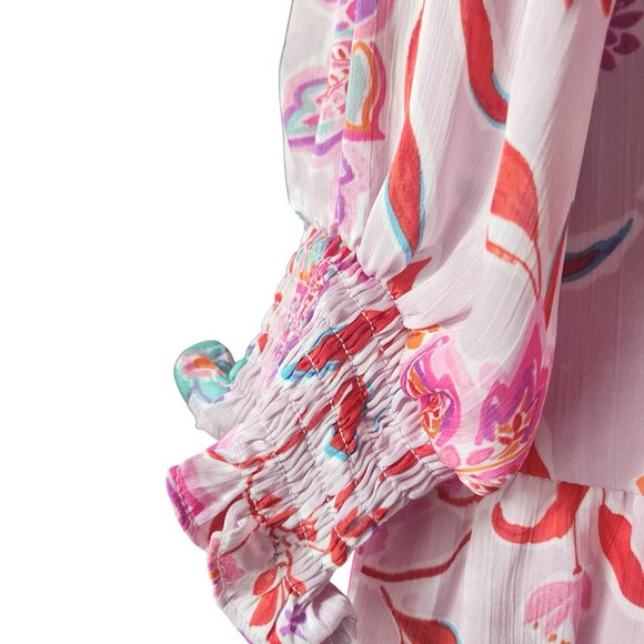 FATE The Label Pink Multi Floral Smocked Bodice Ruffle Tiered Dress Small - Picture 4 of 6